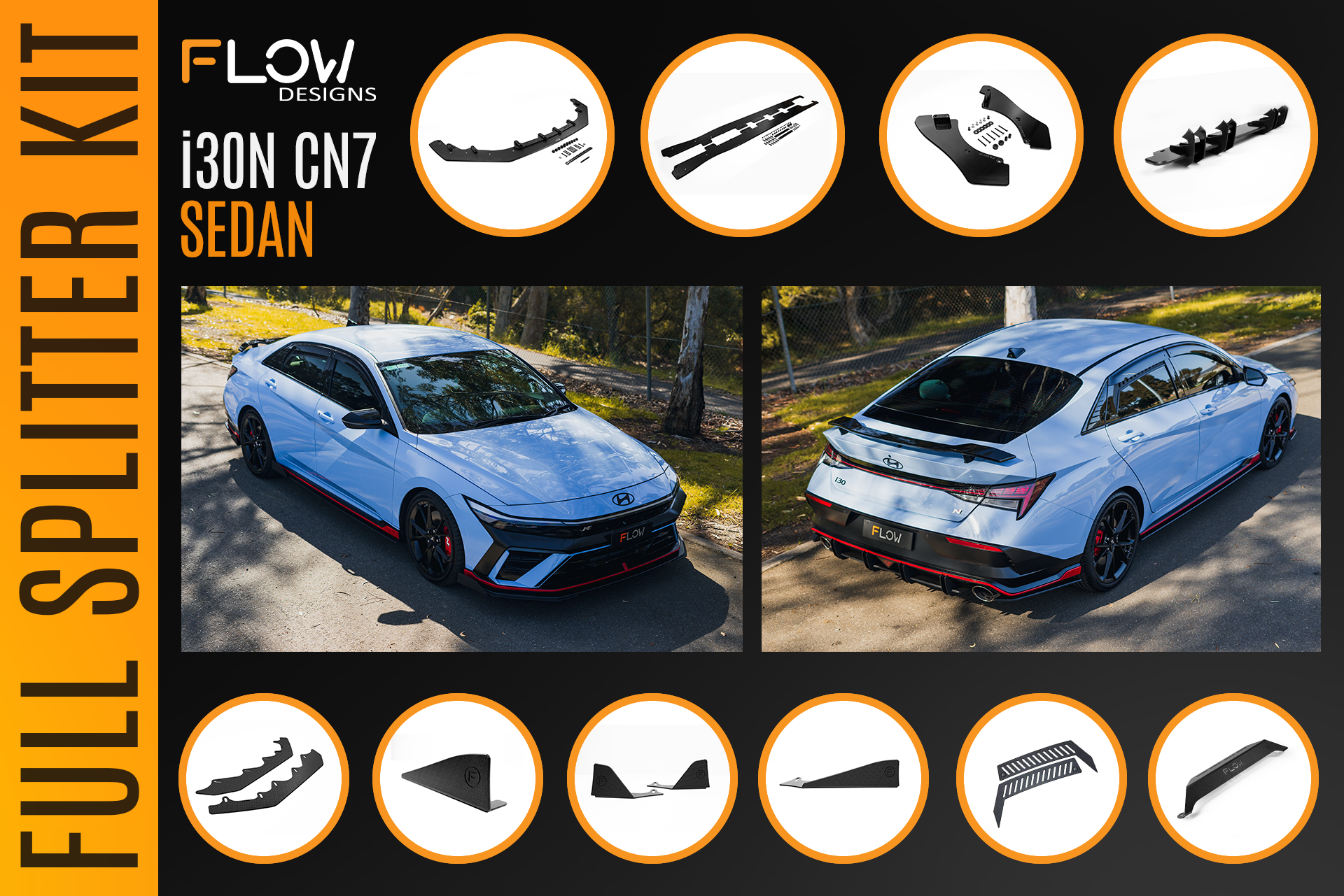 CN7 V2 i30N Sedan FL 2024+ Full Lip Splitter Set