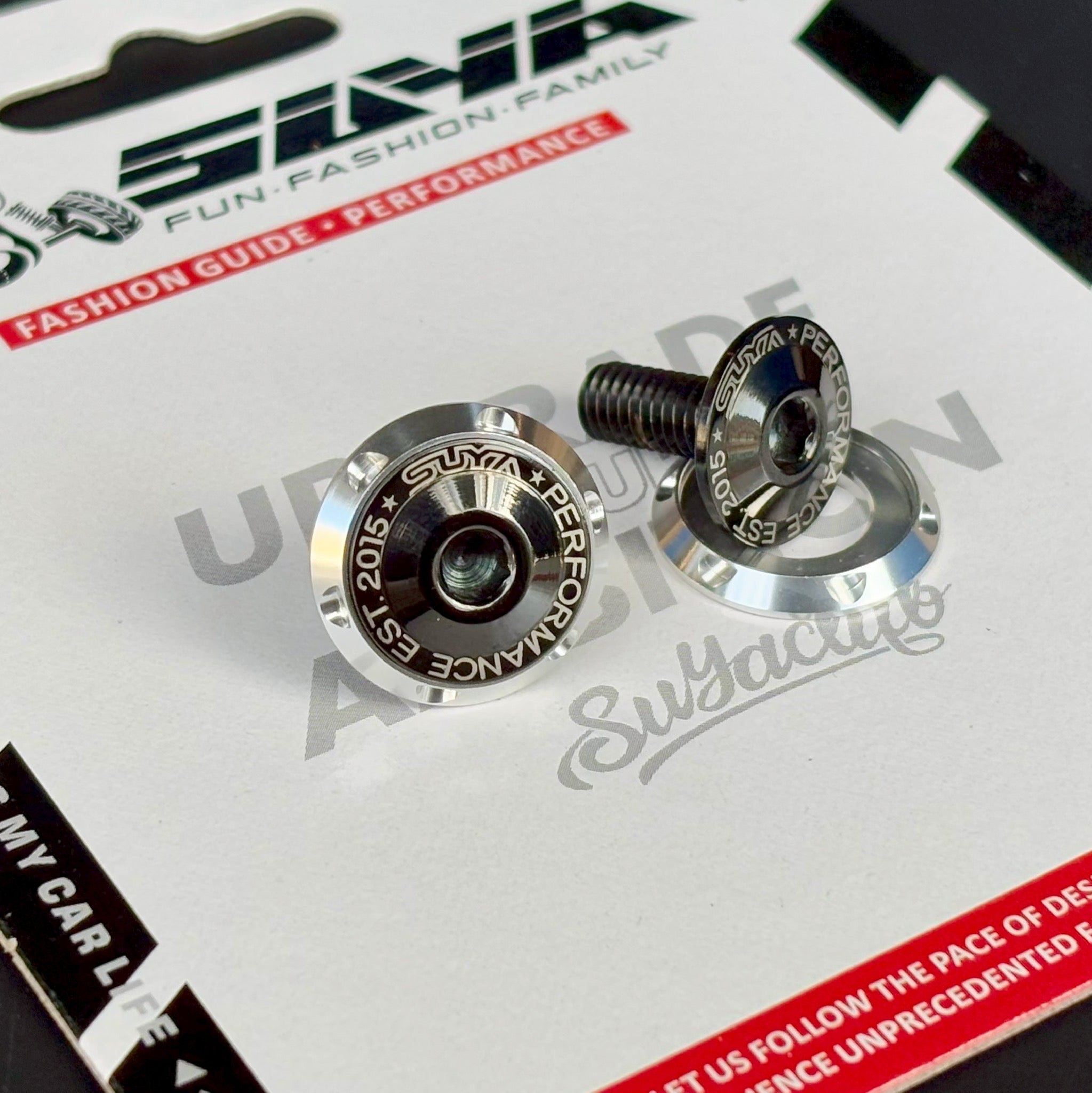 SUYA Car Supplies - Engine Bay - CNC M6 Dress Up Washer & Bolt (V1) - Black & Blue Bolts