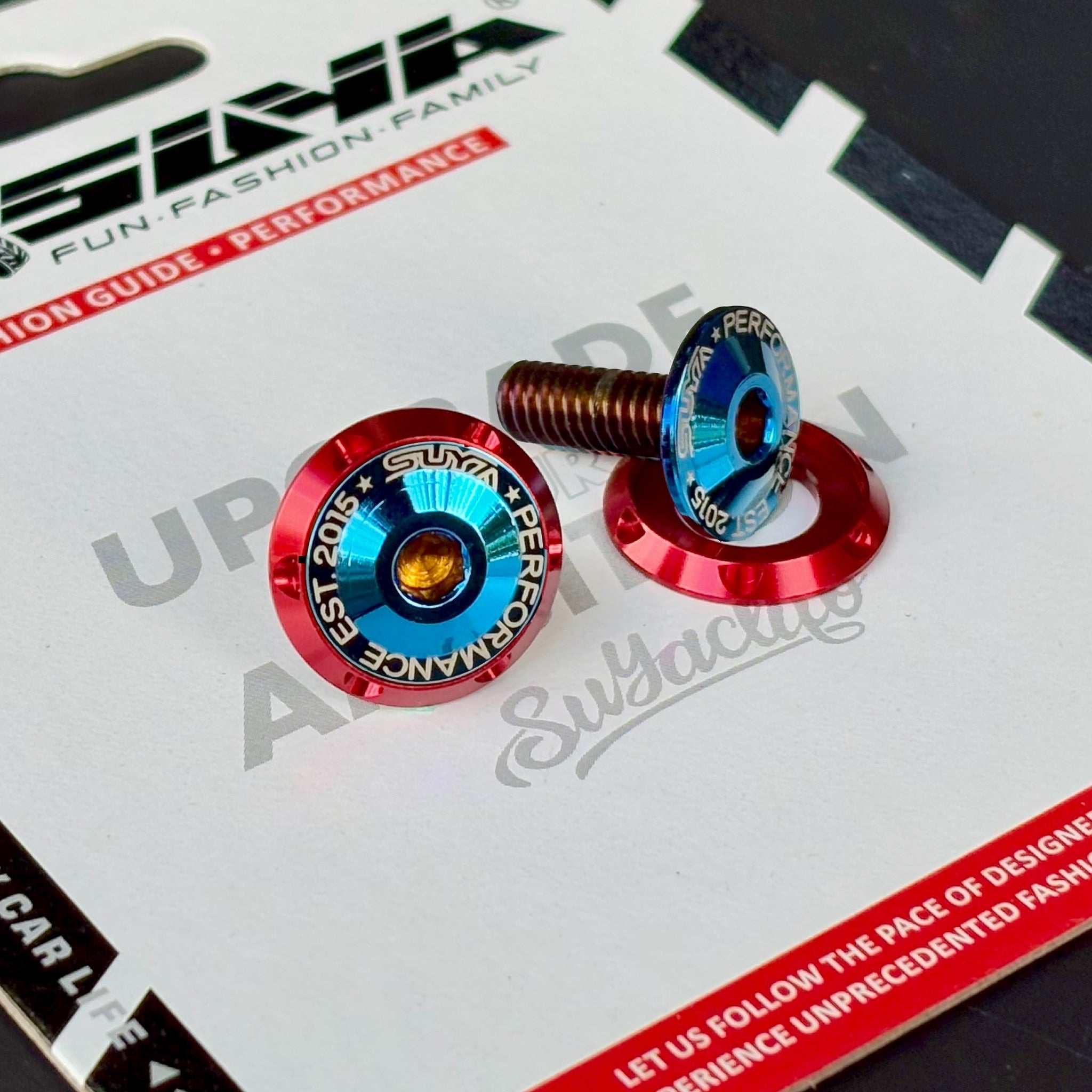 SUYA Car Supplies - Engine Bay - CNC M6 Dress Up Washer & Bolt (V1) - Black & Blue Bolts