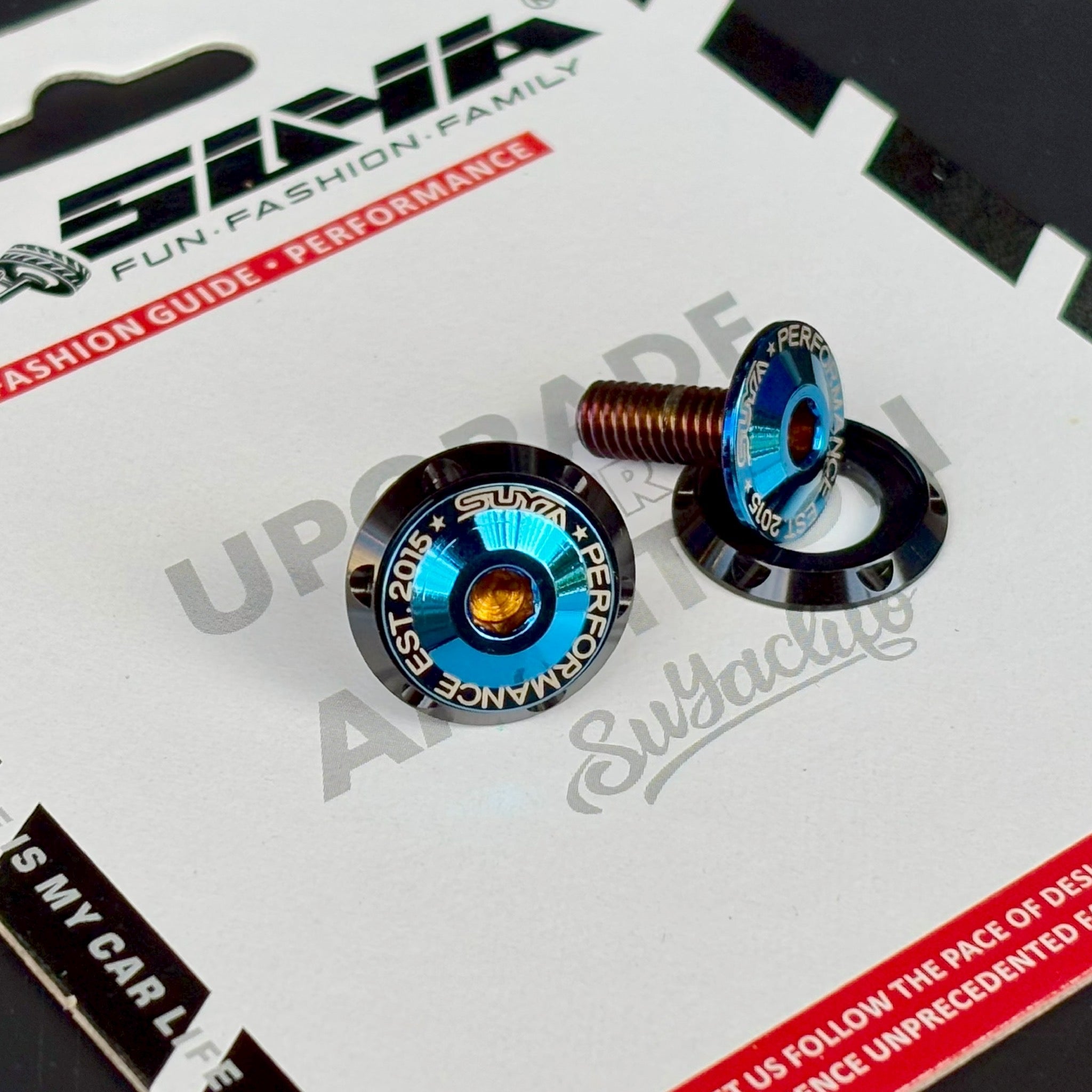 SUYA Car Supplies - Engine Bay - CNC M6 Dress Up Washer & Bolt (V1) - Black & Blue Bolts