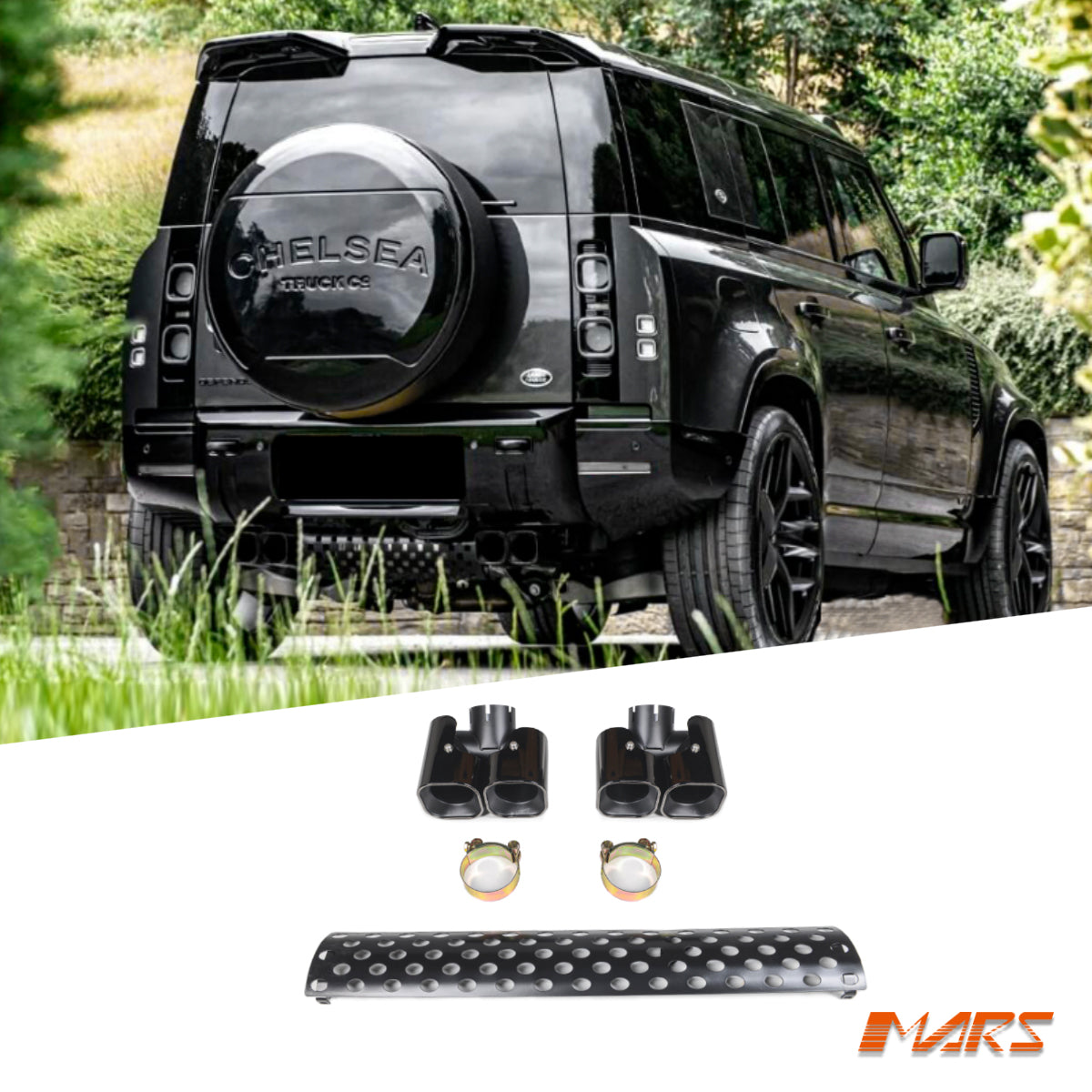 Black Rear Bumper Twin Exhaust Muffler Tips & Garnish Bodykit for Land Rover Defender L663 90 110 130 2020-2025
