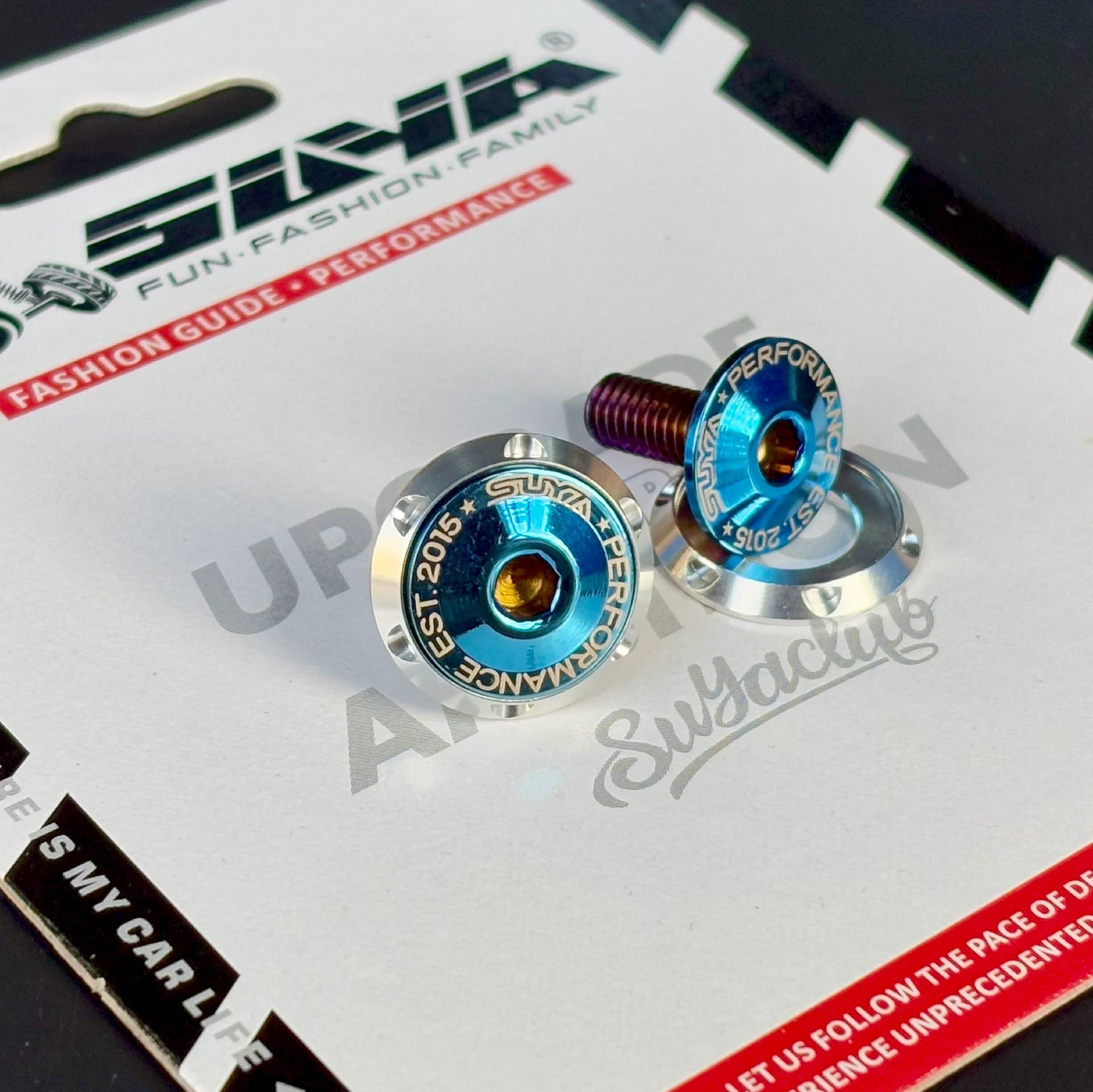 SUYA Car Supplies - Engine Bay - CNC M6 Dress Up Washer & Bolt (V1) - Black & Blue Bolts