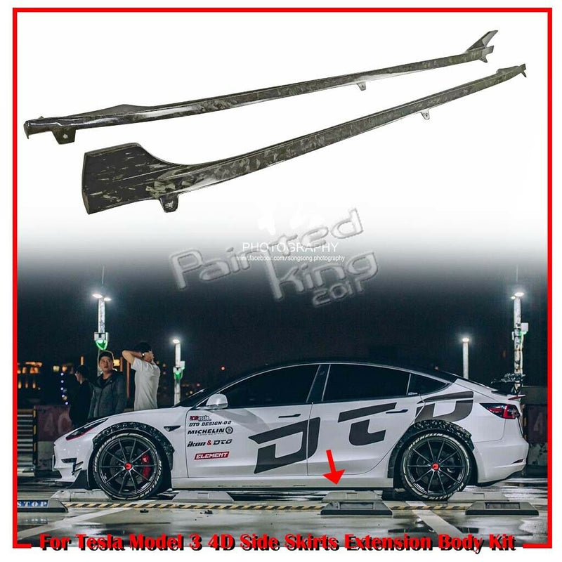 SEV1 Style Side Skirts/Extensions For 2019-2021 Tesla Model 3 (FORGED CARBON)